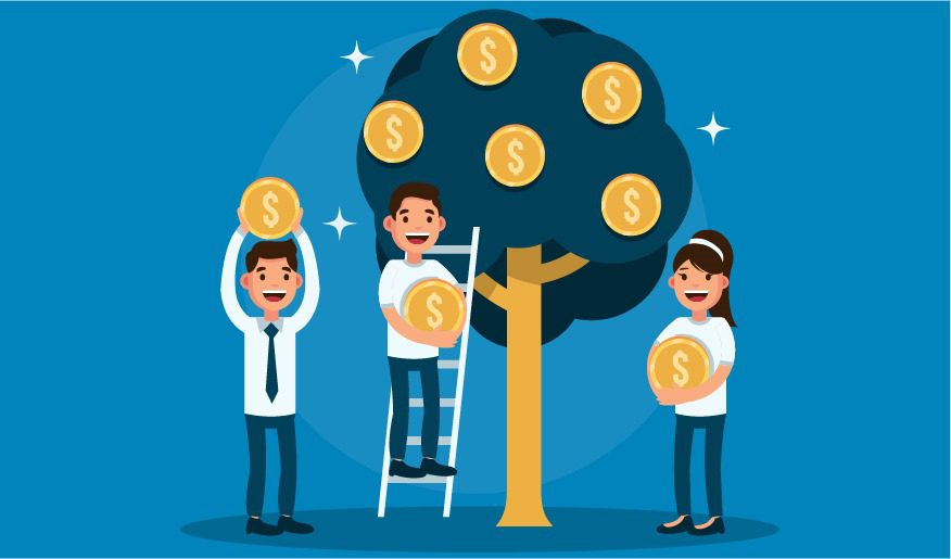 Illustration of financial growth with coins, graphs, and the Rule of 15 concept.